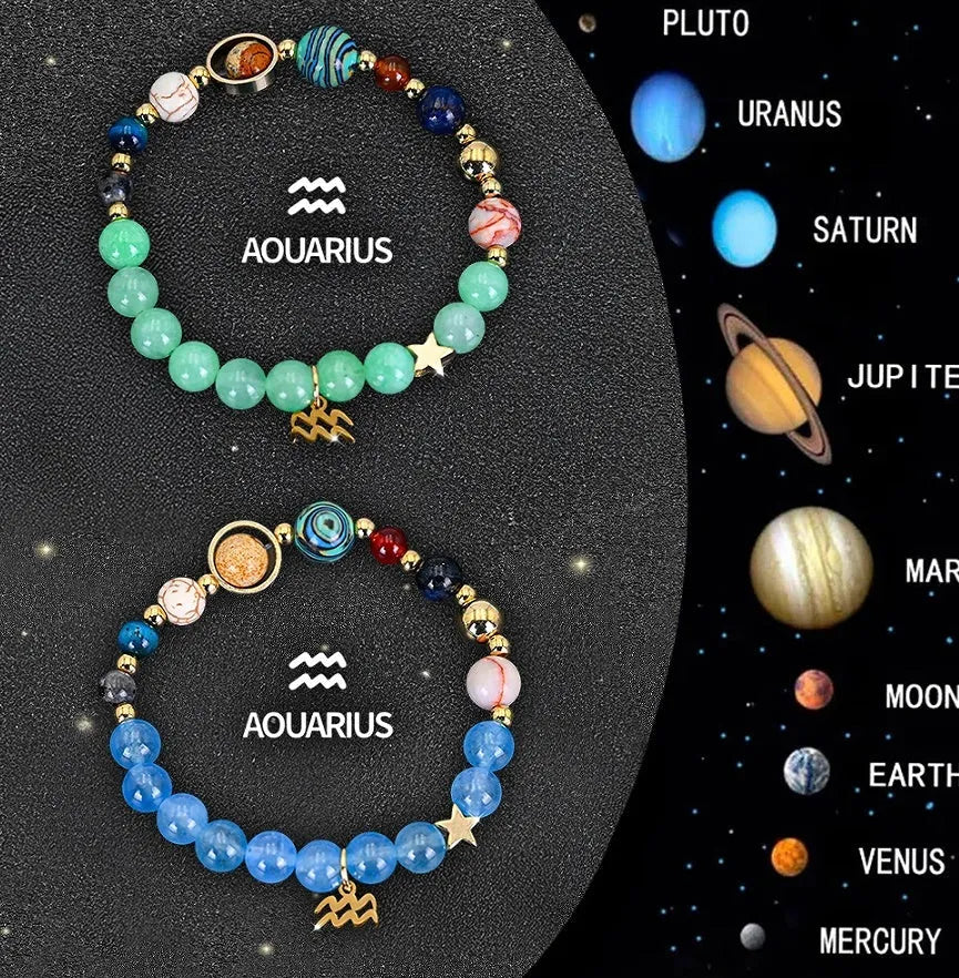 A pair of natural stone beaded bracelets featuring a zodiac sign design, shown together as a matching set.