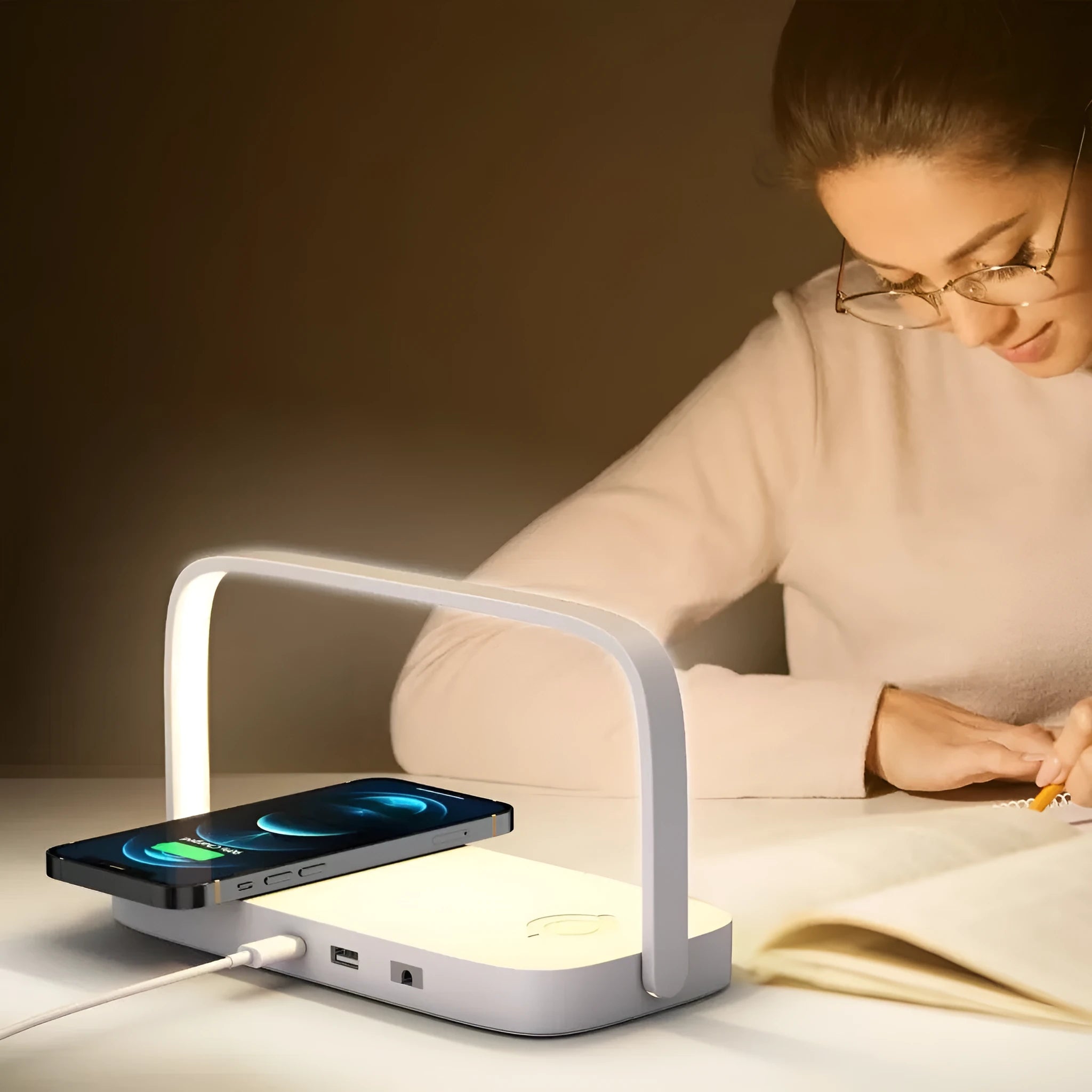 Three-in-one white wireless charger with night lamp for smartphones