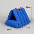 Blue triangular cat bed with removable cotton cover showing drilled holes for connecting multiple units