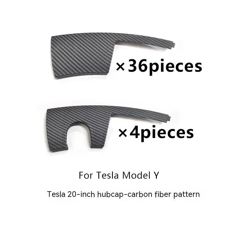 Set of four plastic wheel hub covers for a Tesla Model Y, showing colour options.