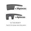 Set of four plastic wheel hub covers for a Tesla Model Y, showing colour options.