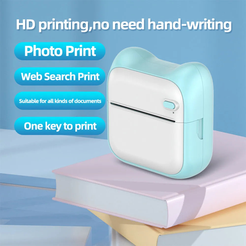 Mini Pocket Printer for students and home, Bluetooth thermal, USB charging, 1000 mAH, pink or blue, 90x45x82mm