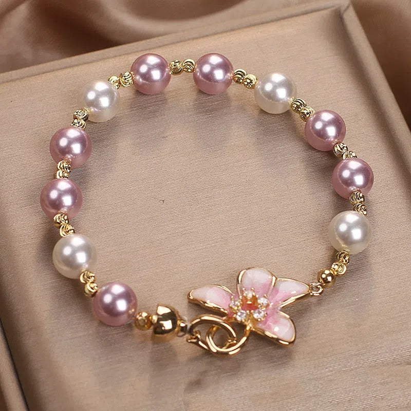New Chinese style wisteria flower bracelet in pink imitation pearl for women