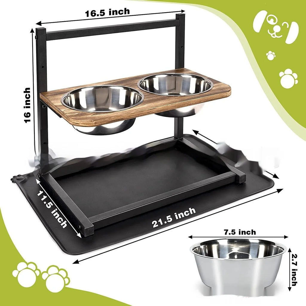 Black iron elevated dog bowl rack holding two separate pet food and water bowls