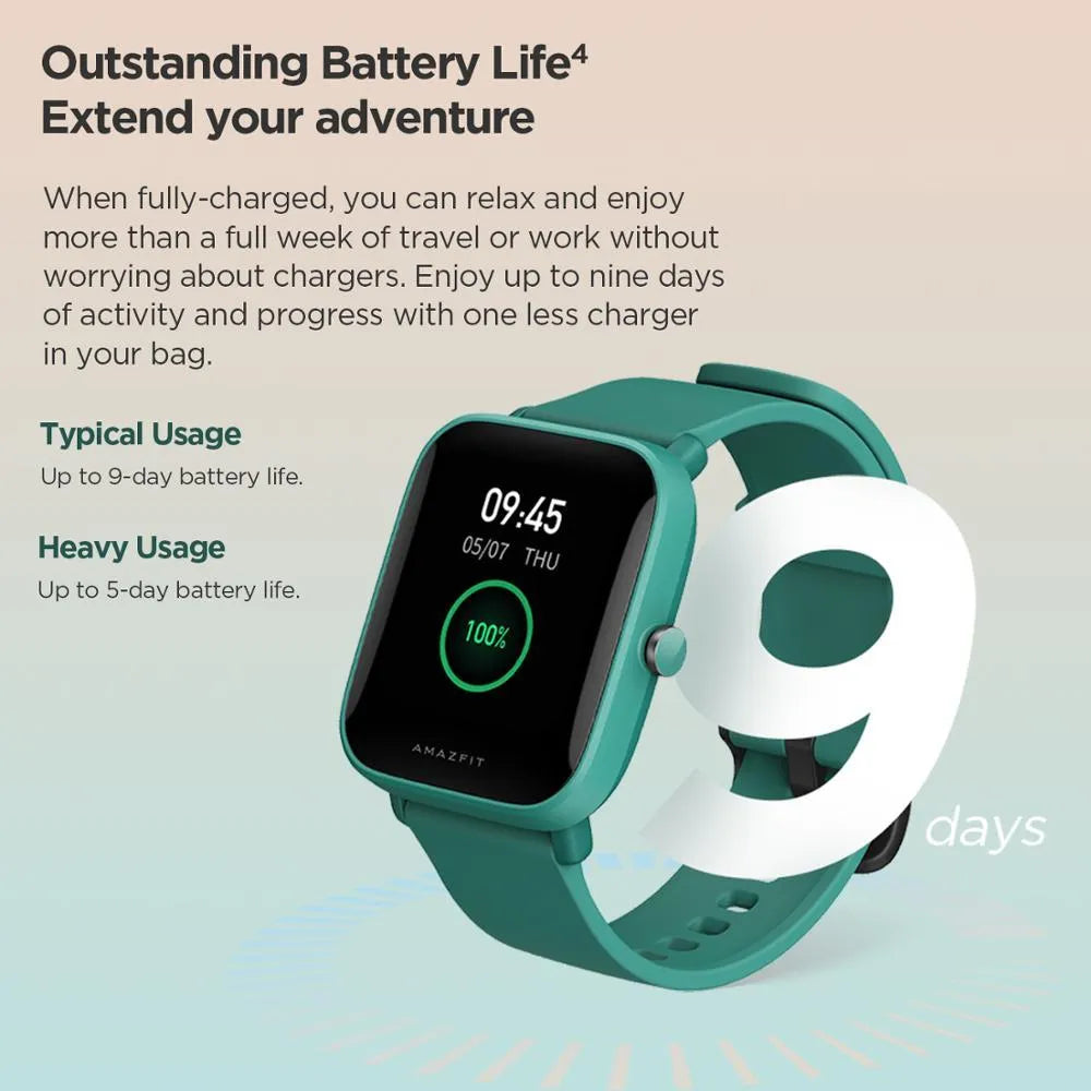 Smartwatch with colour screen displaying health metrics on silicone rubber strap