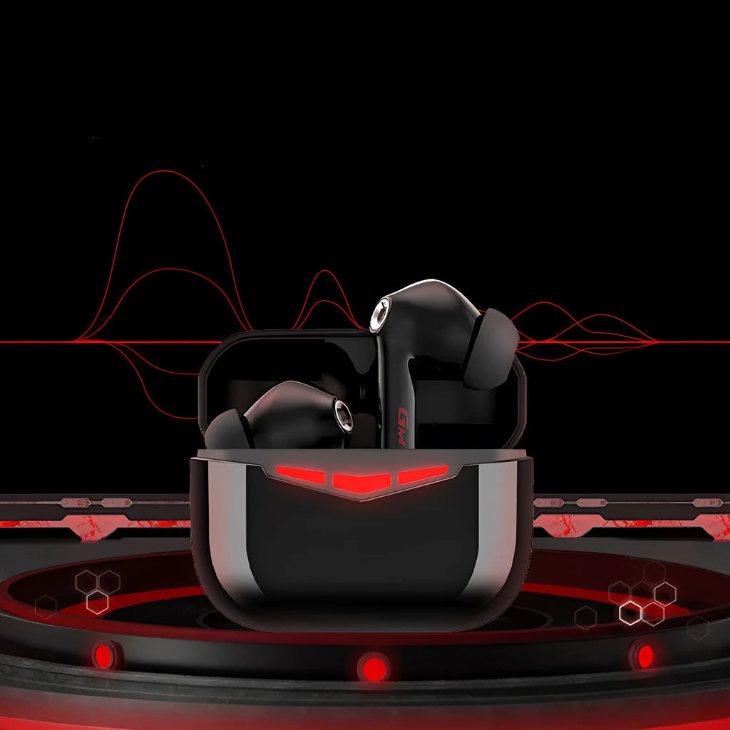 True wireless gaming Bluetooth earbuds in black with compact rectangular charging case on a grey background.