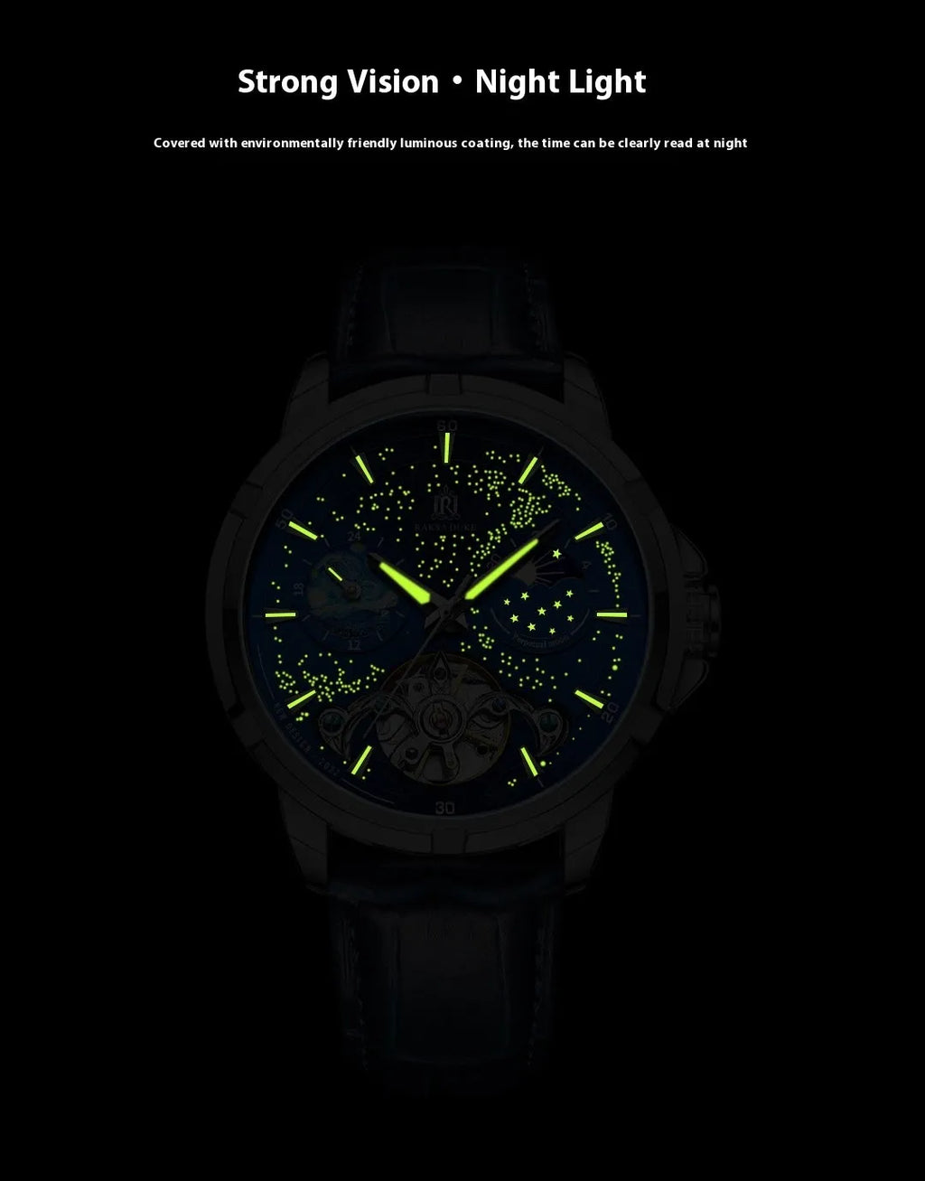 Blue men's automatic skeleton watch with stainless steel bracelet and day-date window