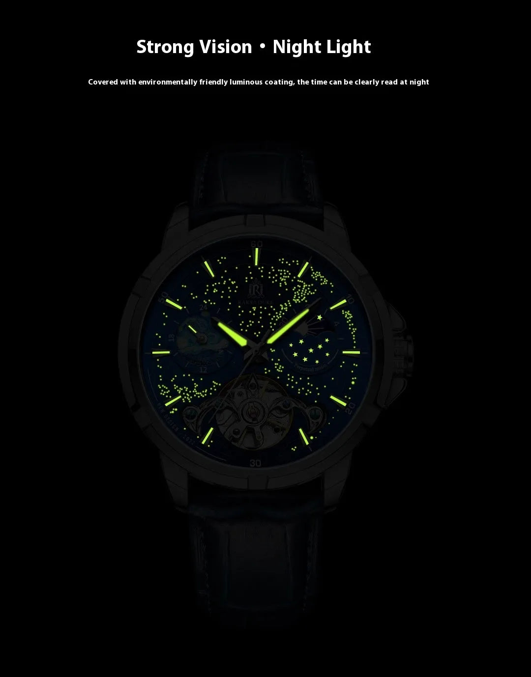 Blue men's automatic skeleton watch with stainless steel bracelet and day-date window