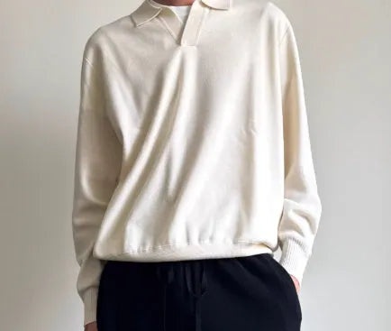 Pure wool polo sweater with lapel collar in loose fit, shown in milky white and navy blue.