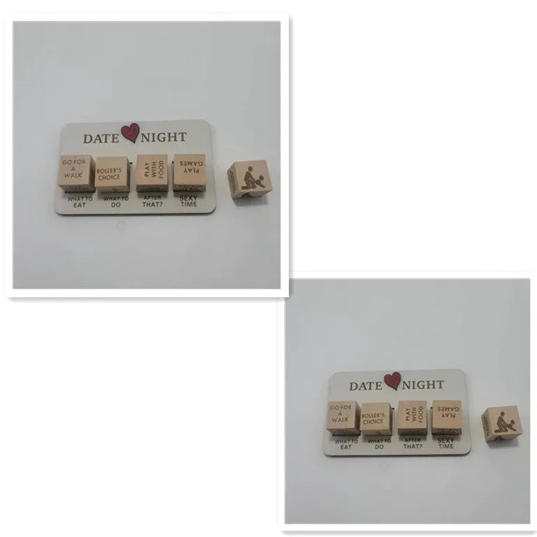 Wooden date night dice set with five decision dice, planner board, and black storage bag for couples
