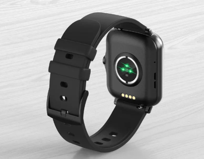 Blue smart sports watch with 1.7-inch touch screen on a wrist, showing a fitness tracking interface.