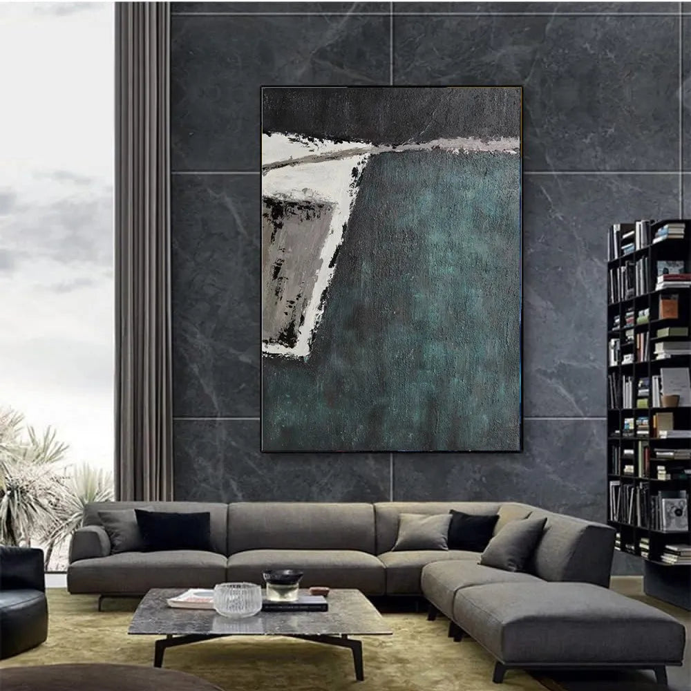 Large abstract handmade painting retro green texture on canvas, hand-painted, vertical orientation, no frame