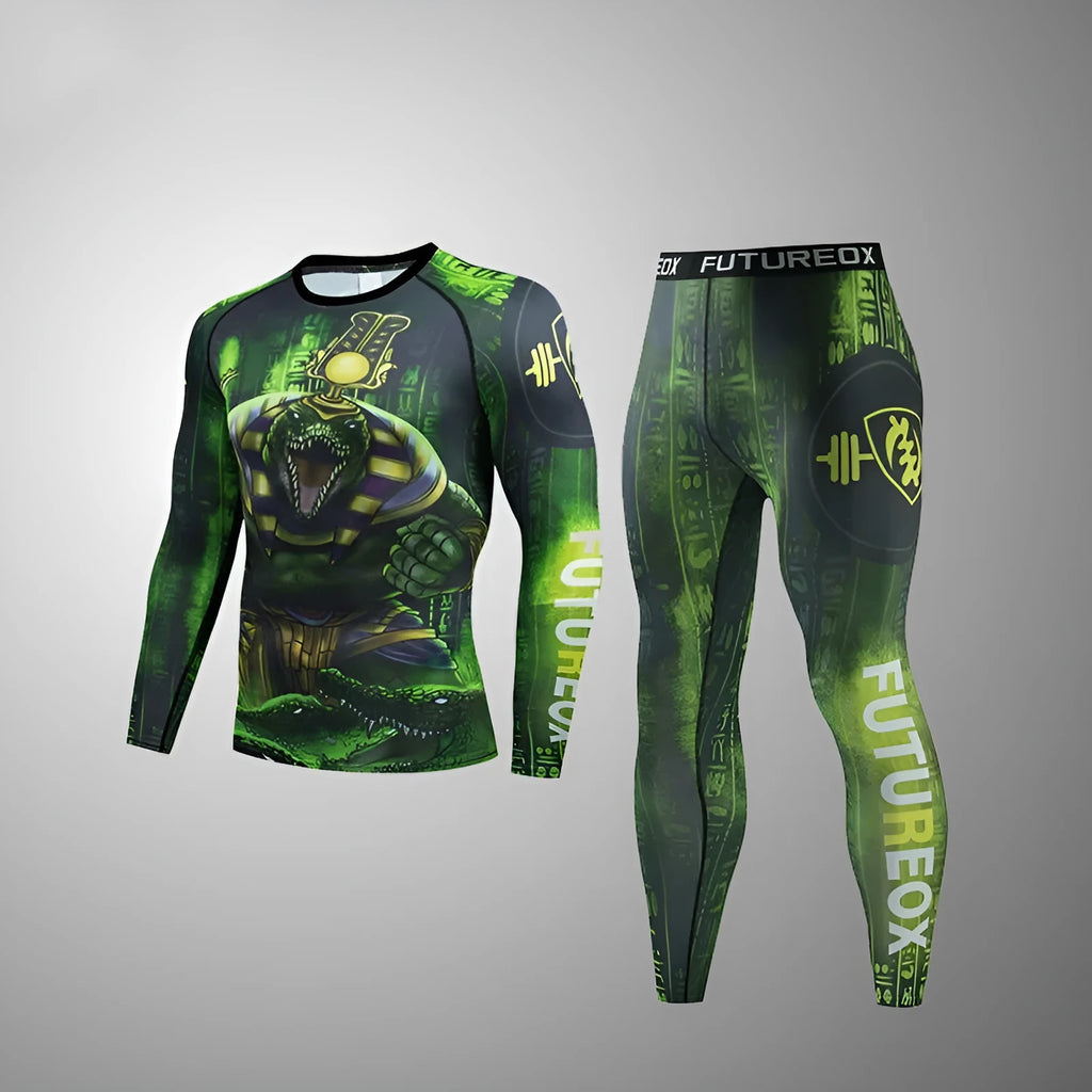 Man wearing a slim fit, printed ZF016 long sleeve sports top and matching trousers for running.