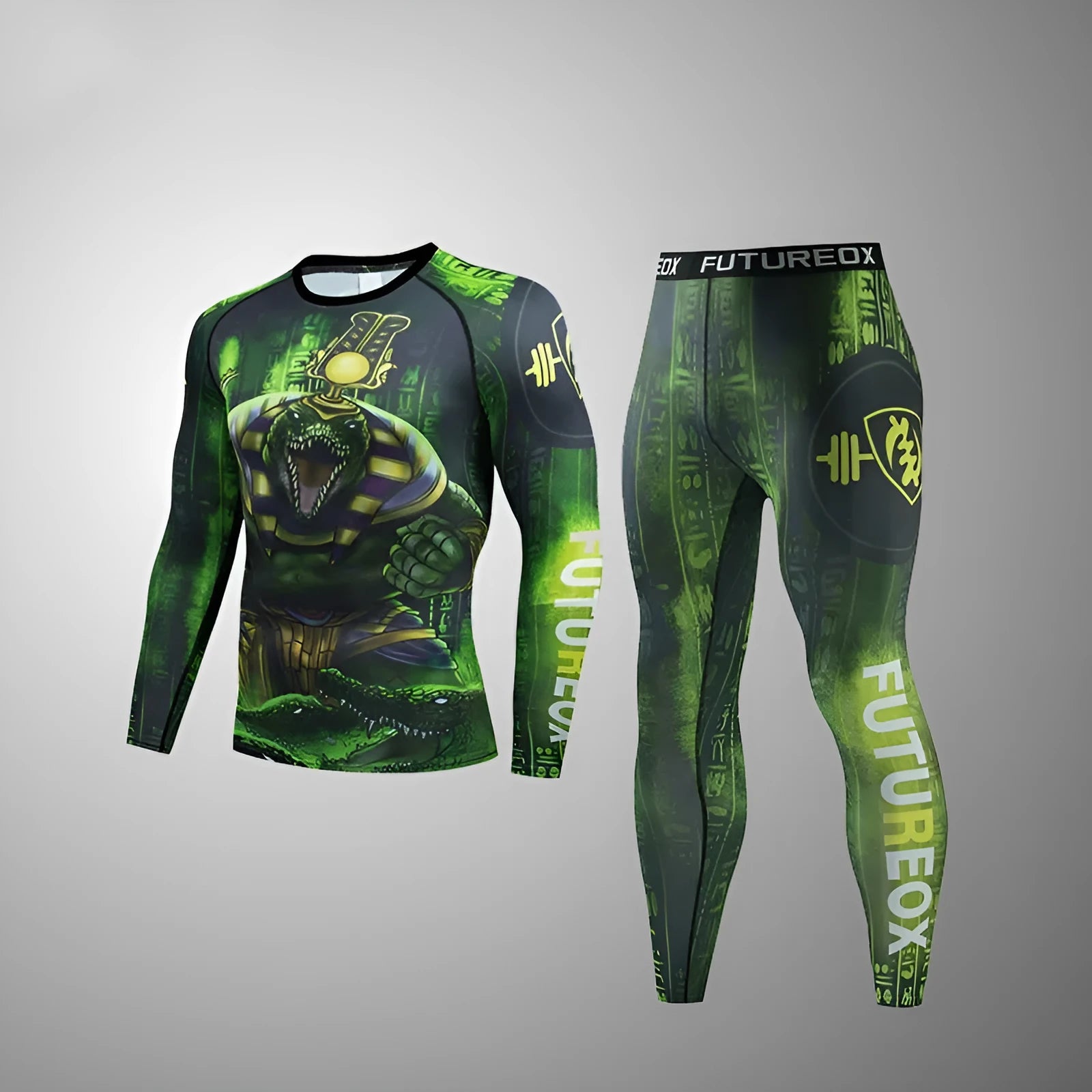 Man wearing a slim fit, printed ZF016 long sleeve sports top and matching trousers for running.