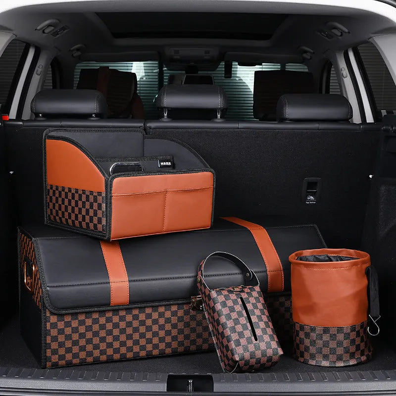 Leather retractable car trash can with handle for vehicle interior