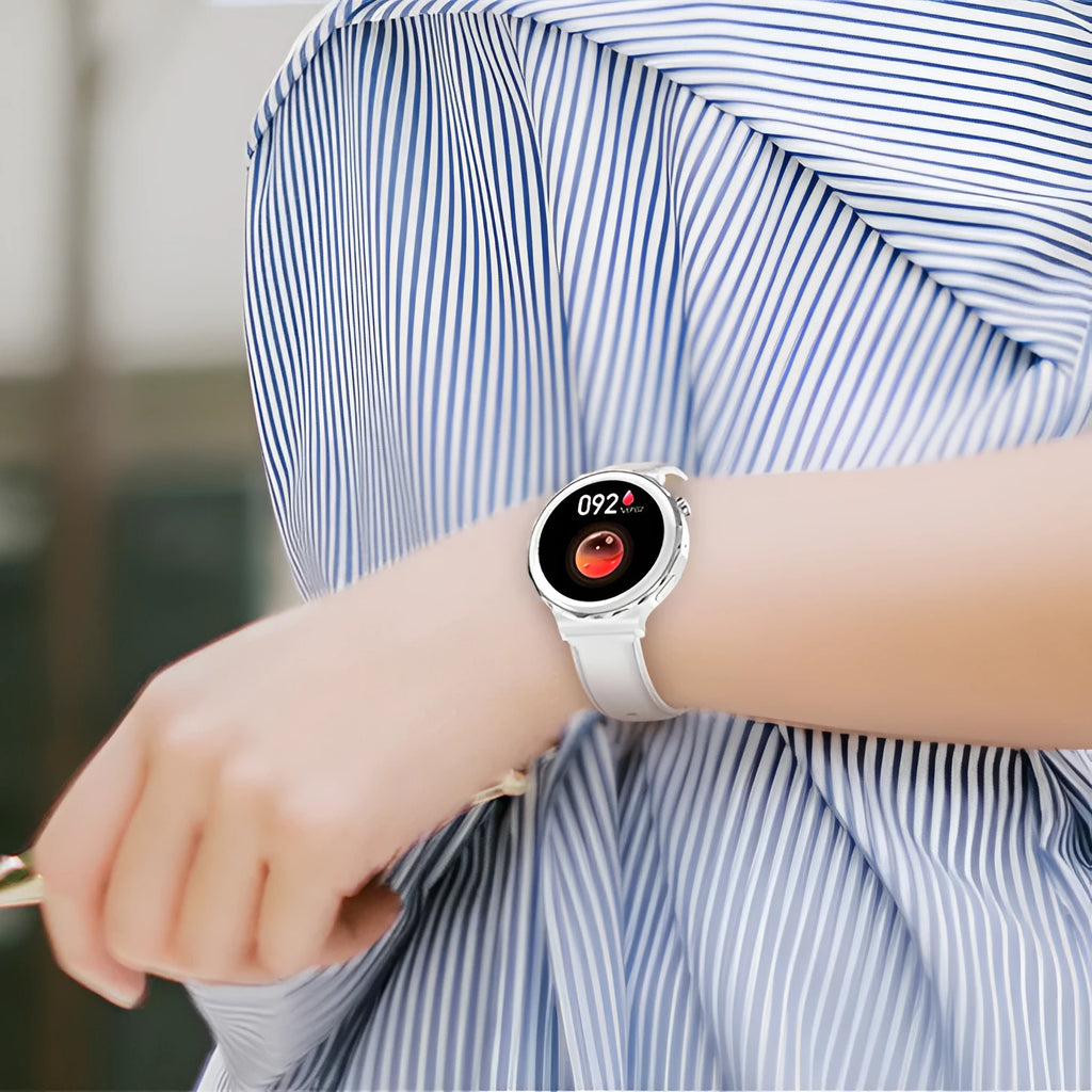 HK43 women's smart watch with gold case and white leather band, side view showing touch screen and crown button