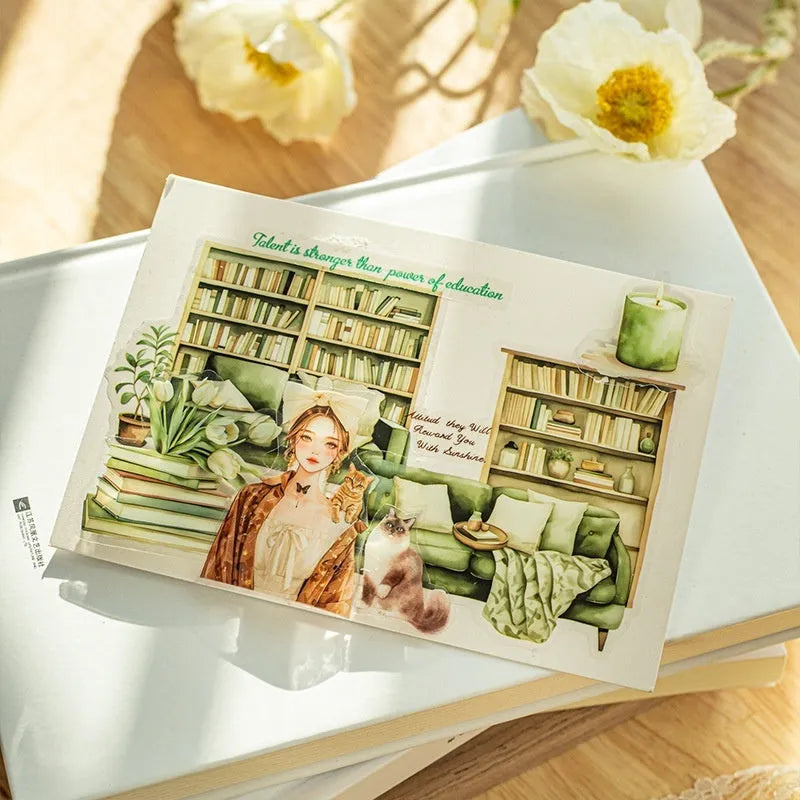Retro PET stickers reading small corner series book landscaping 20 pieces six colour options