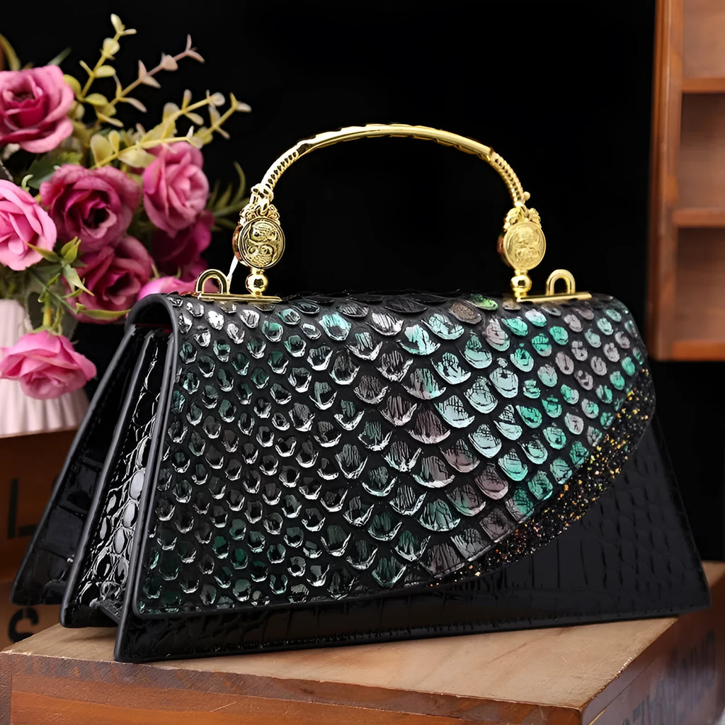 Genuine leather shoulder messenger bag in Black Gold contrast colour horizontal square shape with single strap