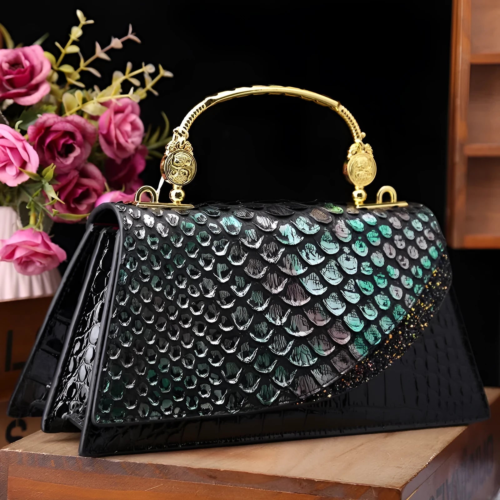 Genuine leather shoulder messenger bag in Black Gold contrast colour horizontal square shape with single strap