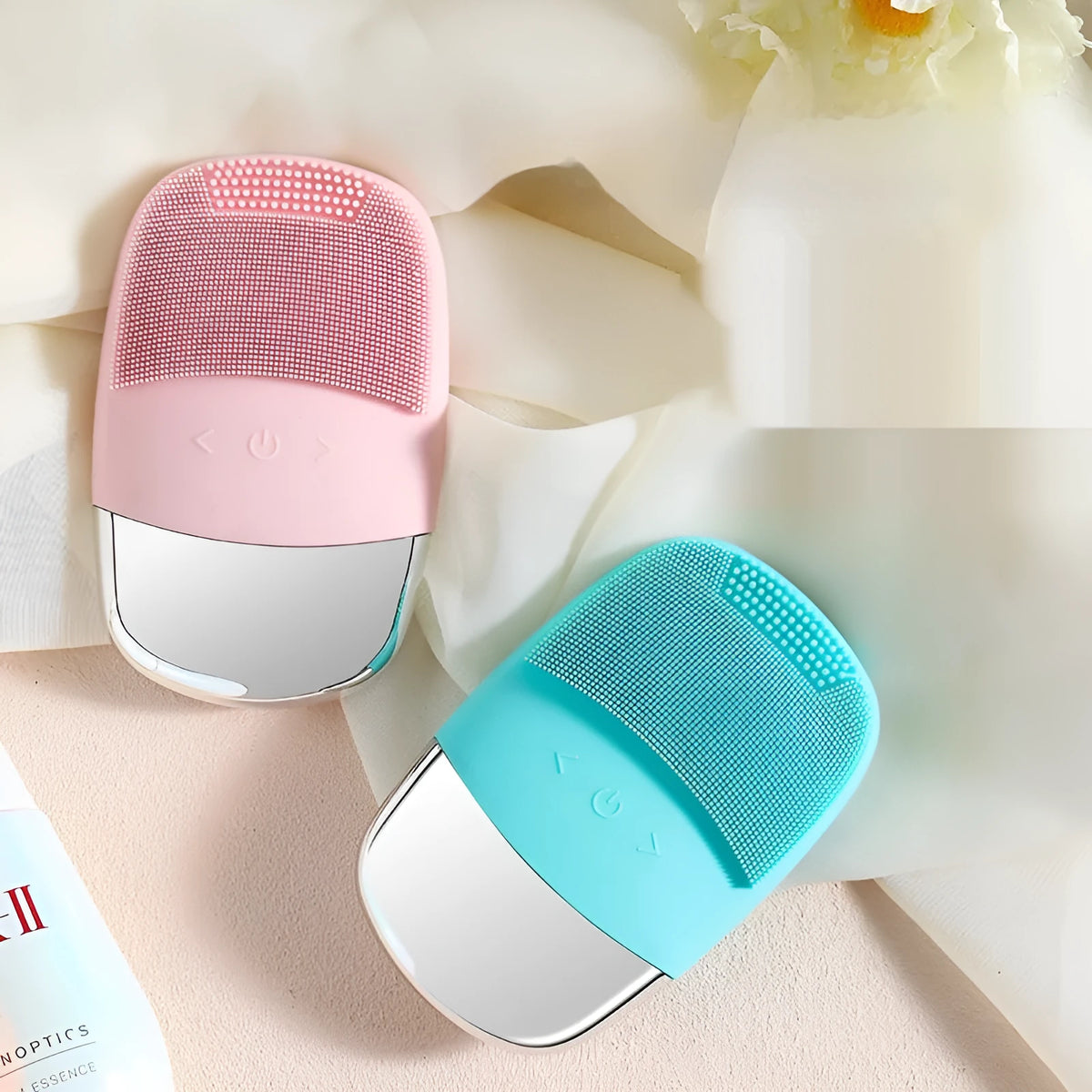Silicone electric facial cleanser brush with ultrasonic vibration and 3 gears, shown in Lake Blue and Cherry Blossom Powder