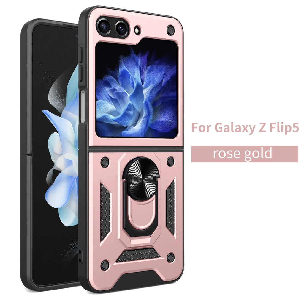 Shunjia sliding window mirror phone case for Samsung Z Flip and Z Fold, black colour, with bracket and mirror closed