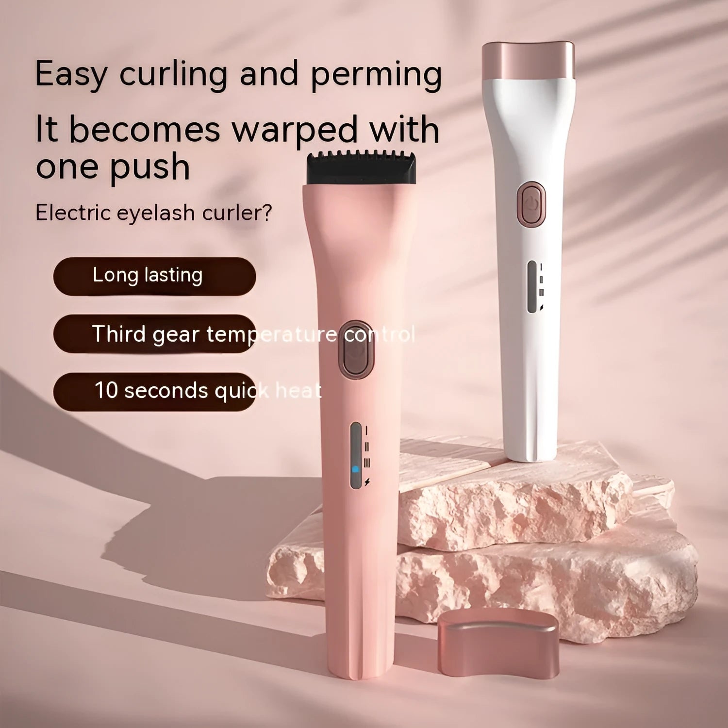 Electric eyelash curler with memory function and temperature control in pink colour