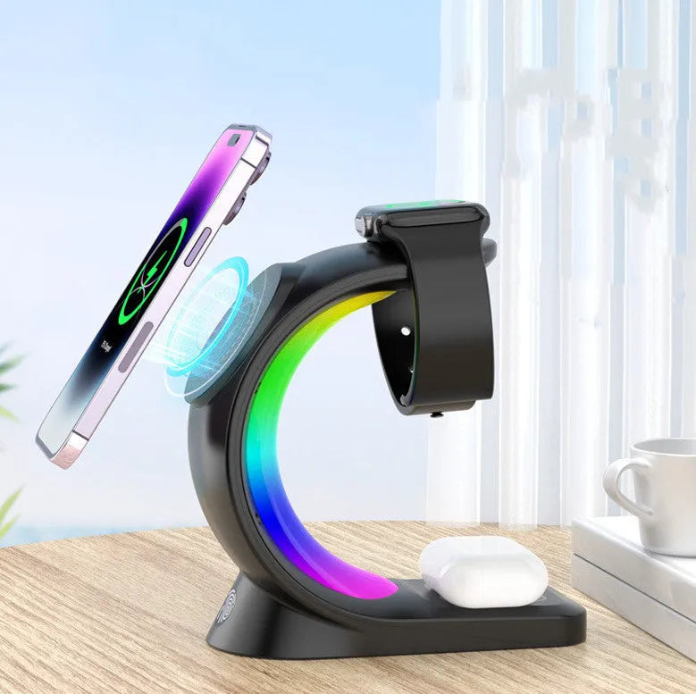 4 in 1 magnetic wireless charger fast charging station with RGB atmosphere light for iPhone AirPods Watch in black and white