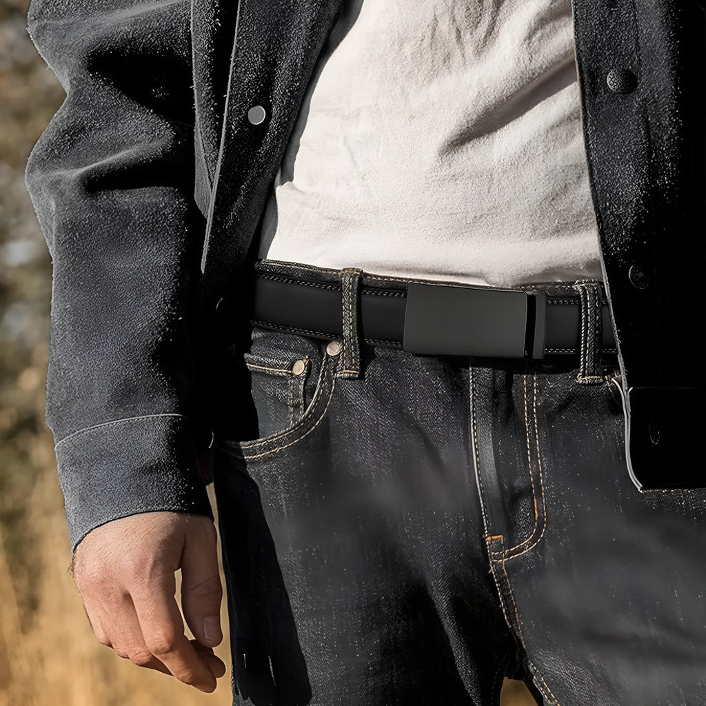 Men's automatic buckle belt in embossed PU leather with alloy buckle, showing colour style options.