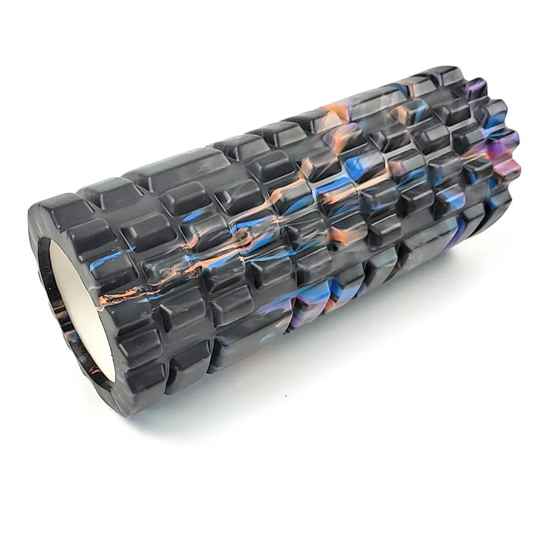 33cm camouflage pattern EVA foam roller in blue green yellow colour on a fitness mat.