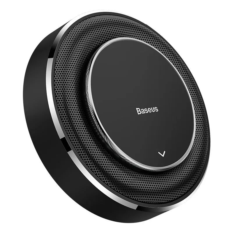 Round aluminium alloy car fragrance diffuser in black, red, and silver colours with four tablets.