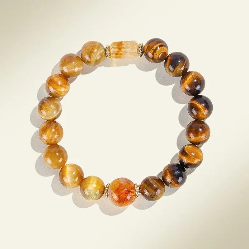 Natural citrine crystal string beads bracelet with 10mm yellow Asai tiger-eye and tower crystal beads for women