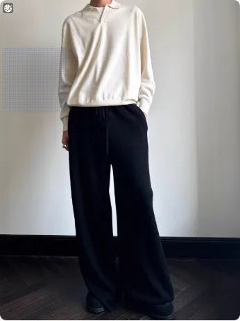 Pure wool polo sweater with lapel collar in loose fit, shown in milky white and navy blue.