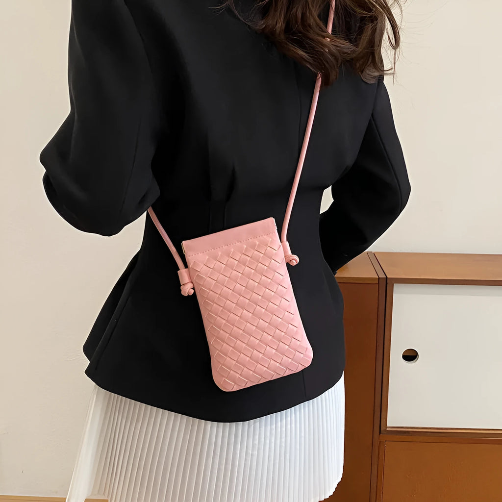 Vintage Weave pattern PU crossbody bag in square vertical shape, shown in khaki colour.