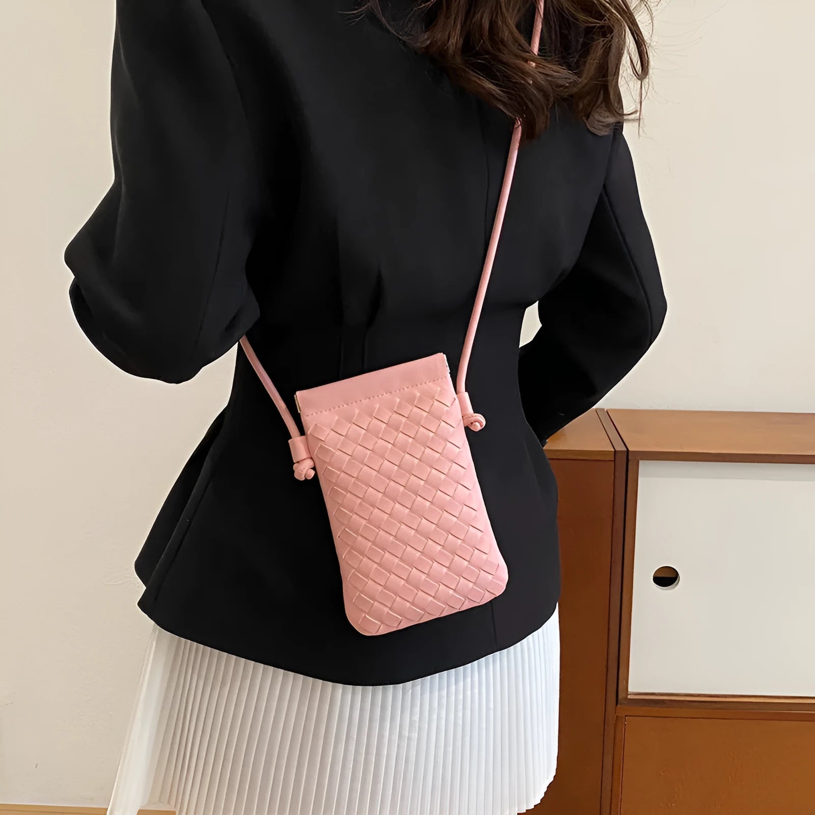 Vintage Weave pattern PU crossbody bag in square vertical shape, shown in khaki colour.
