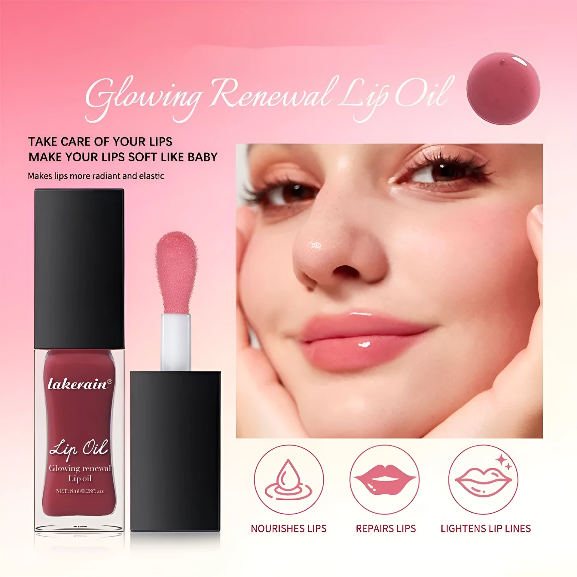 LakeRain lip gloss in 8ml container with seven colour shade options