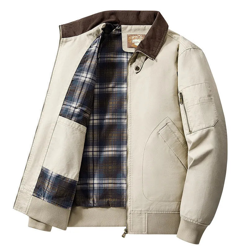 Men's plus size washed cotton loose-fit flight jacket in army green