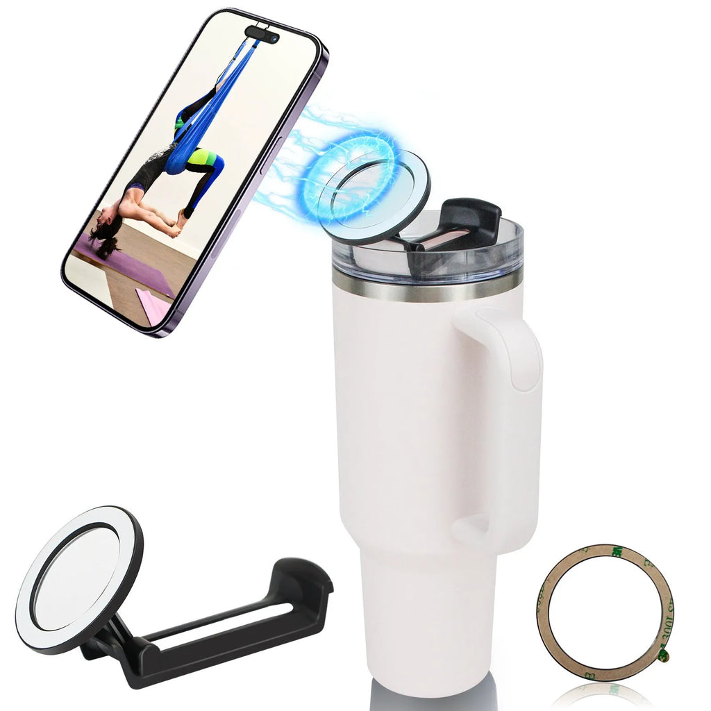 Water cup mobile phone holder in pink, black, or white with magnetic plastic universal bracket design