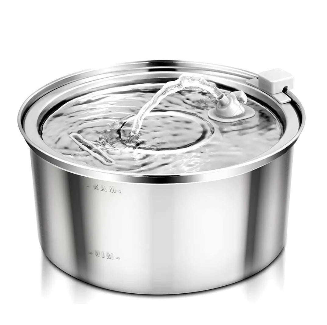 Stainless steel pet water dispenser with round basin and window faucet for dogs and cats.