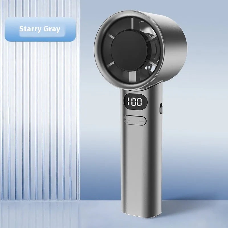 A handheld USB rechargeable fan with variable speed control in a choice of colours.