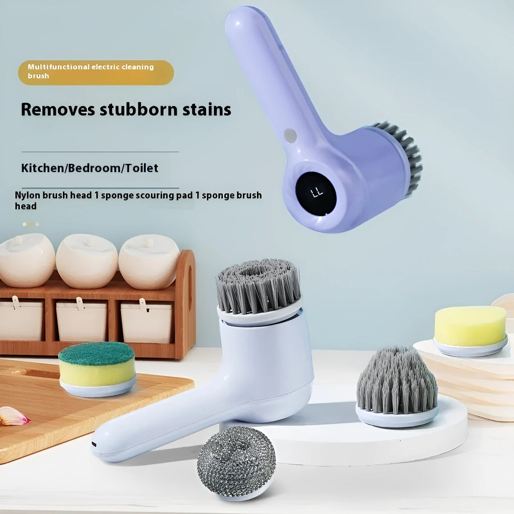 USB rechargeable electric cleaning brush in light grey or purple with multiple interchangeable cleaning heads