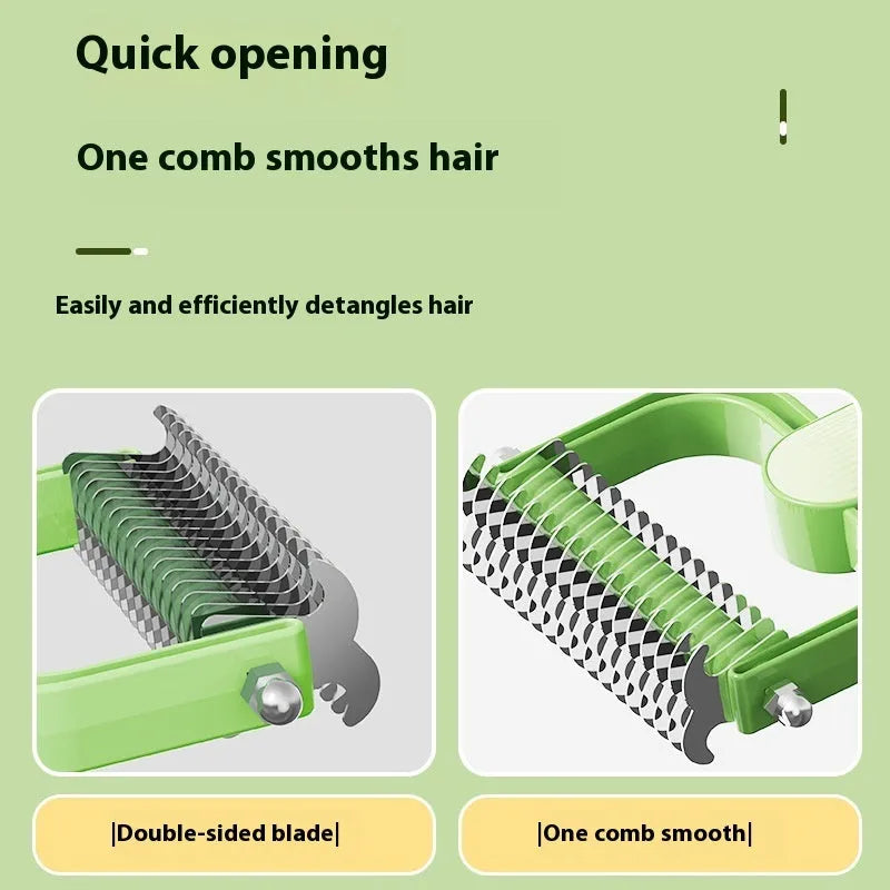 Green and grey dog de-matting combs in small and large sizes, showing angled stainless steel teeth.