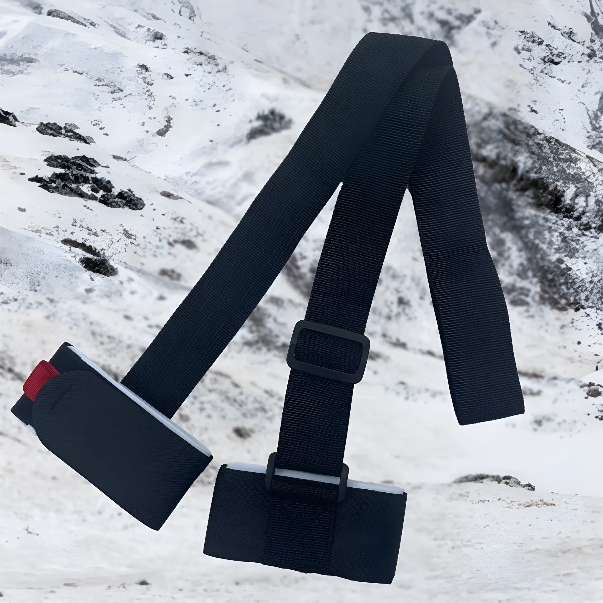 Adjustable hook and loop skiing bandage strap in black, blue, pink, or red colours.