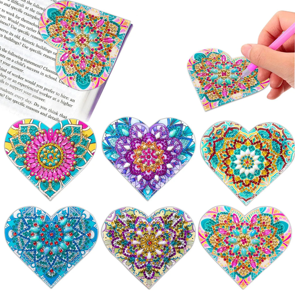 Set of six PU leather bookmarks with handmade crystal flower decorations.