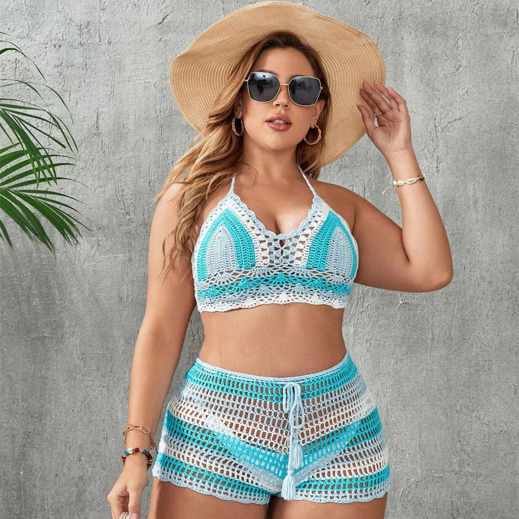 Women's hollow out strap split swimsuit in blue or light blue colours with briefs style