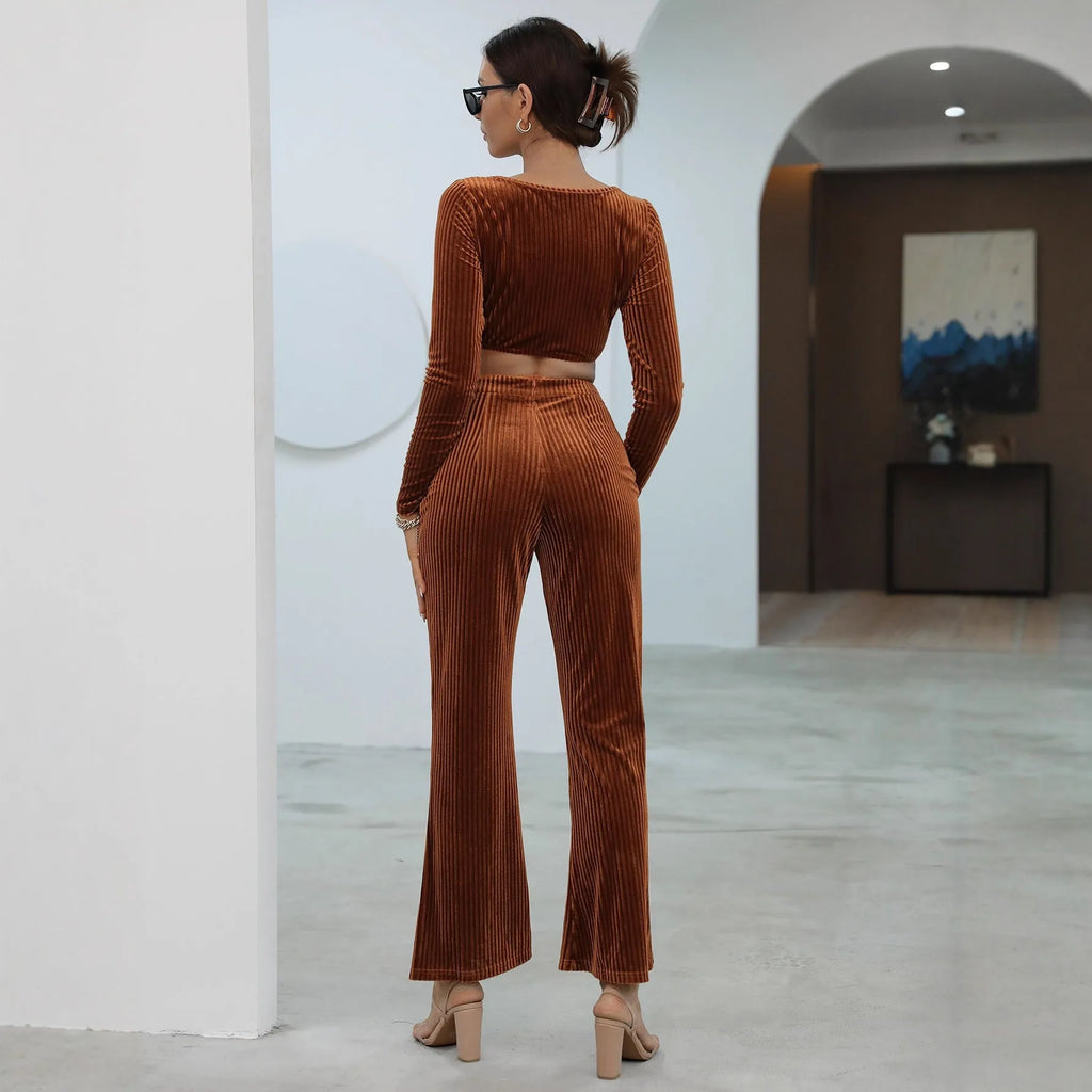 Caramel long sleeve sweater casual set with top and pants, sizes S to XXXL