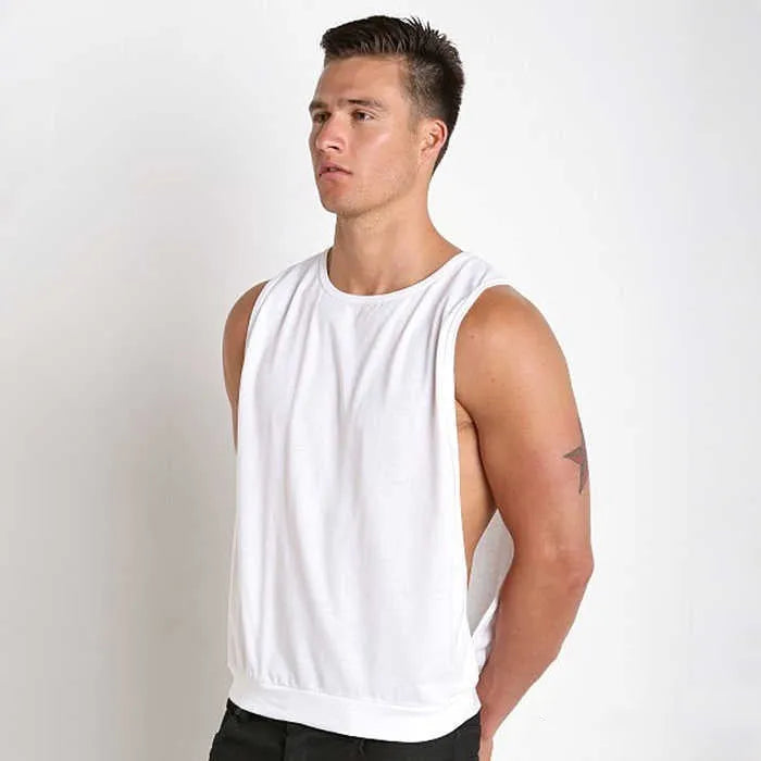 Men's sleeveless loose fit sports vest with large slit in black, front view