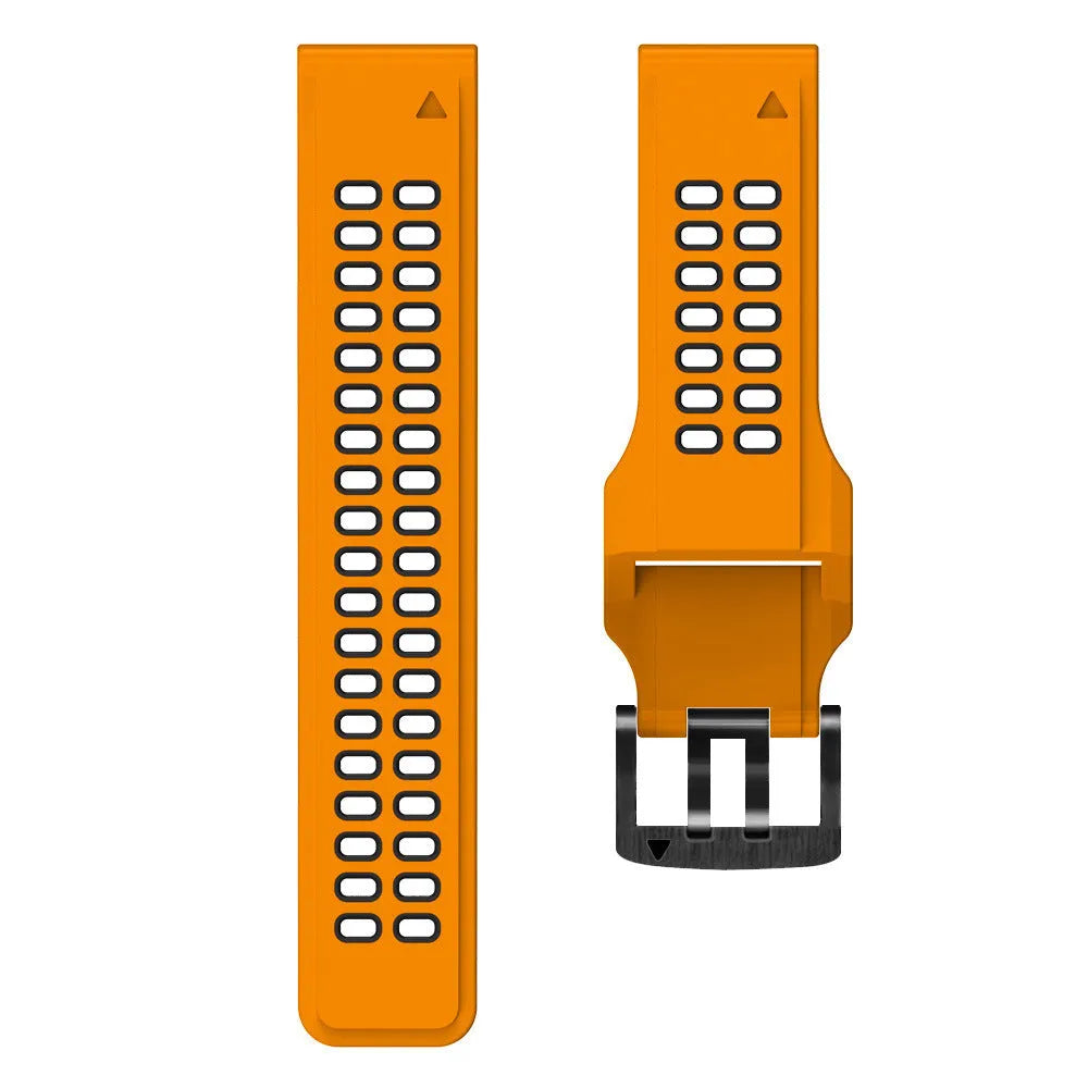 Quick release two-colour silicone sports watch strap with double-row ventilation holes on a grey background.