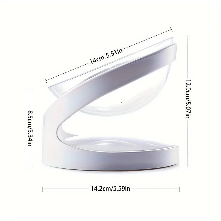 White plastic elevated cat food bowl with tilted design for neck protection