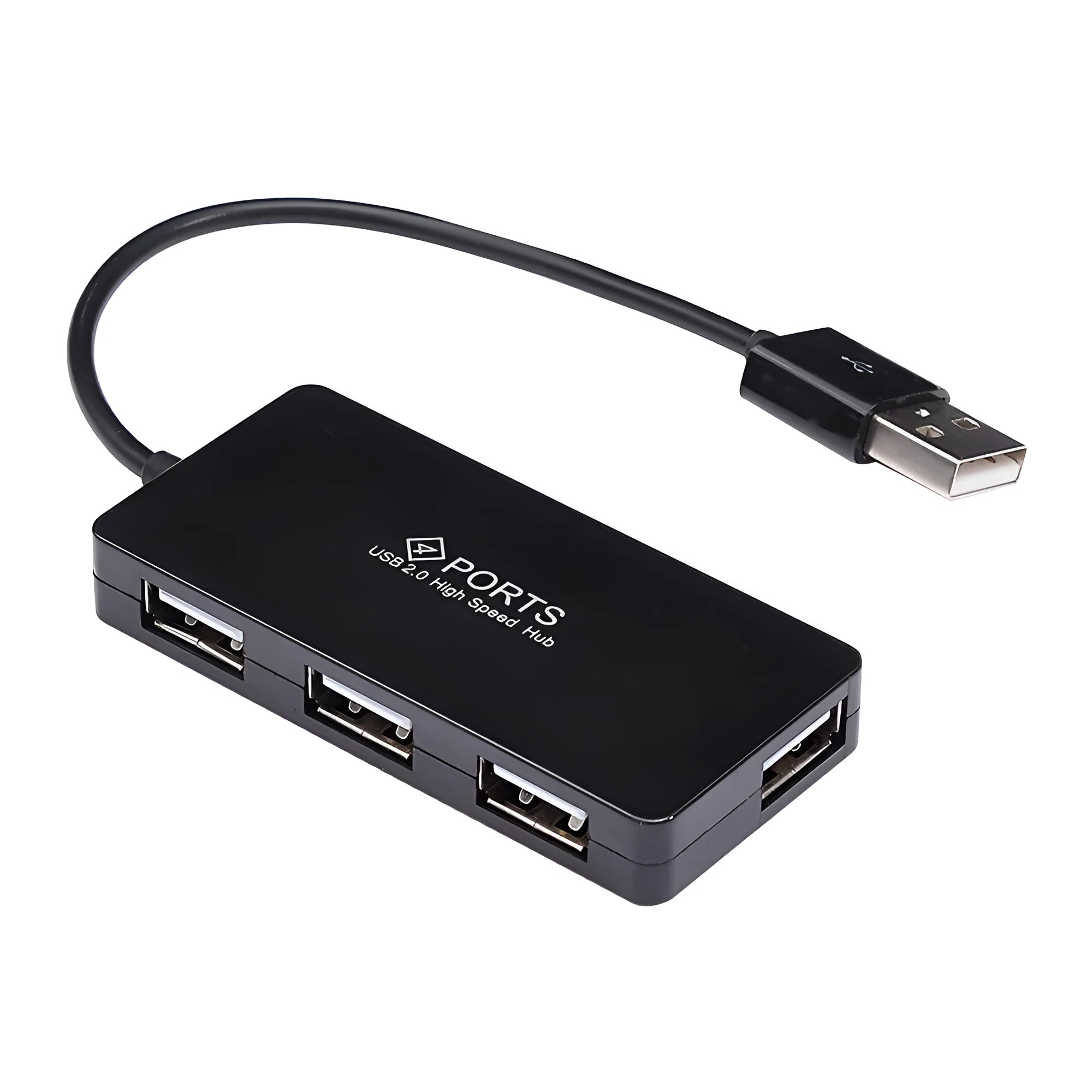 Compact black USB 2.0 4-port hub with switch, 70x30x10mm, 14.5cm cable