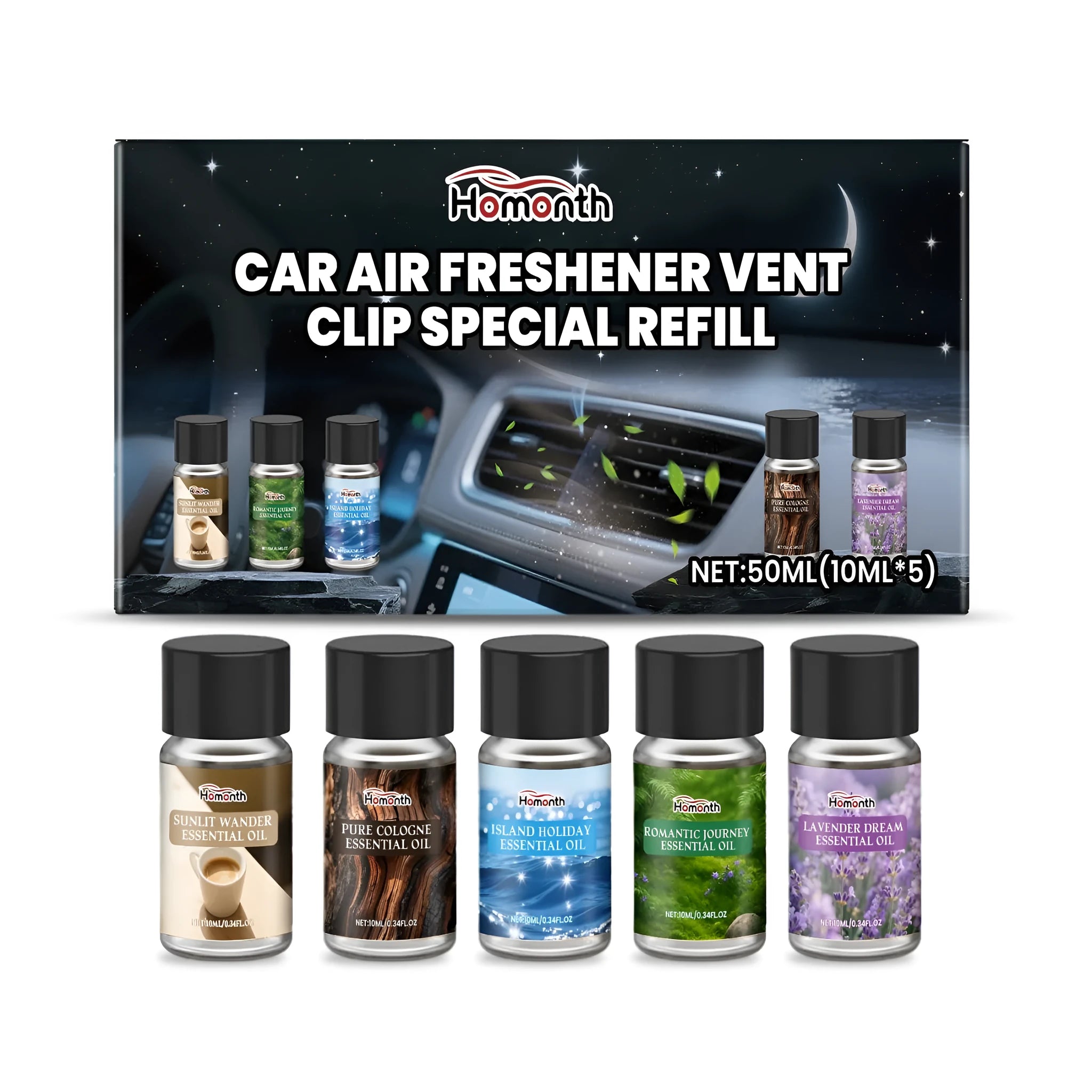 Pack of five 10ml bottles of car air freshener refill oil in cologne, ocean, vanilla, lavender, and citrus scents.